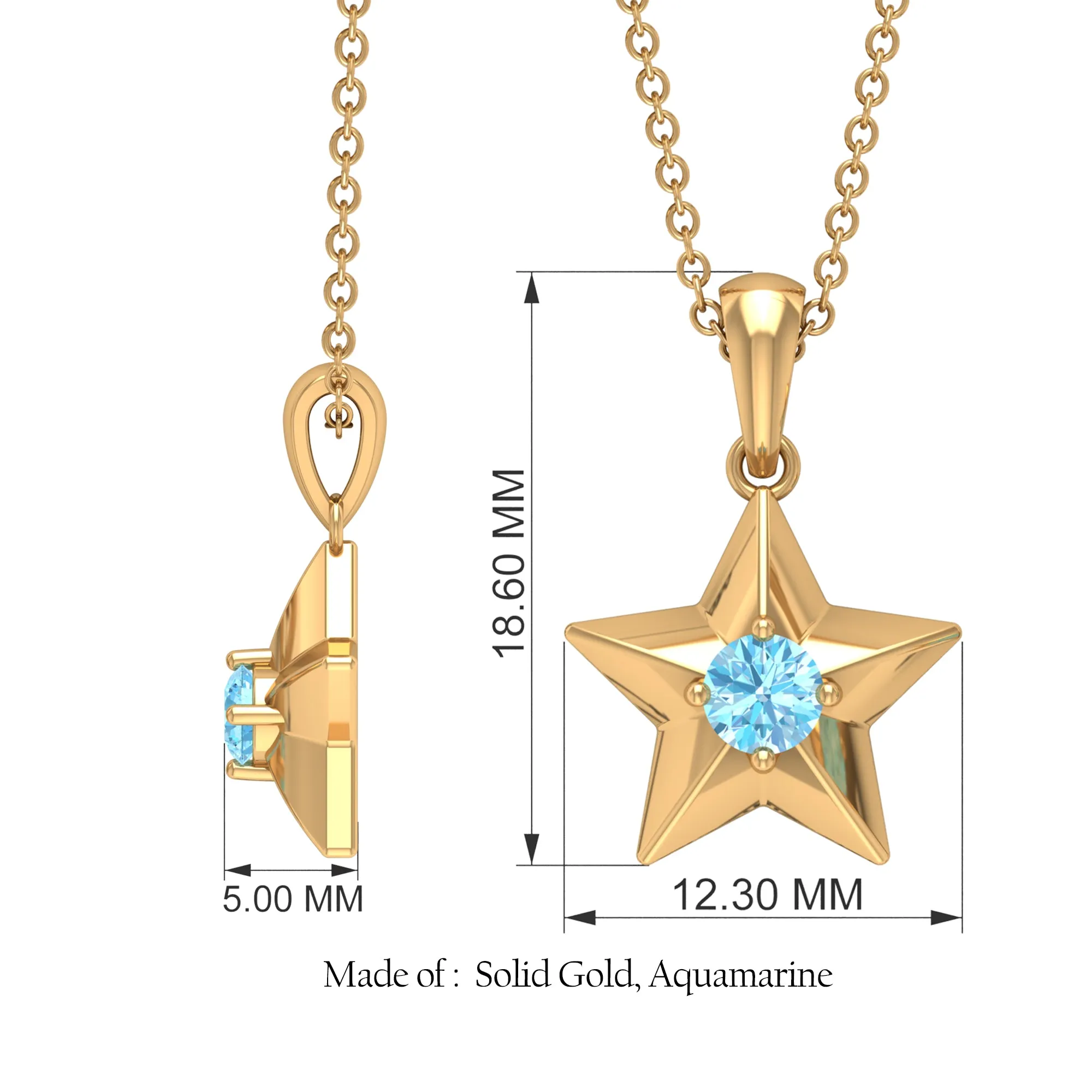 0.25 CT Blue Aquamarine Gold Star Pendant in Prong Setting