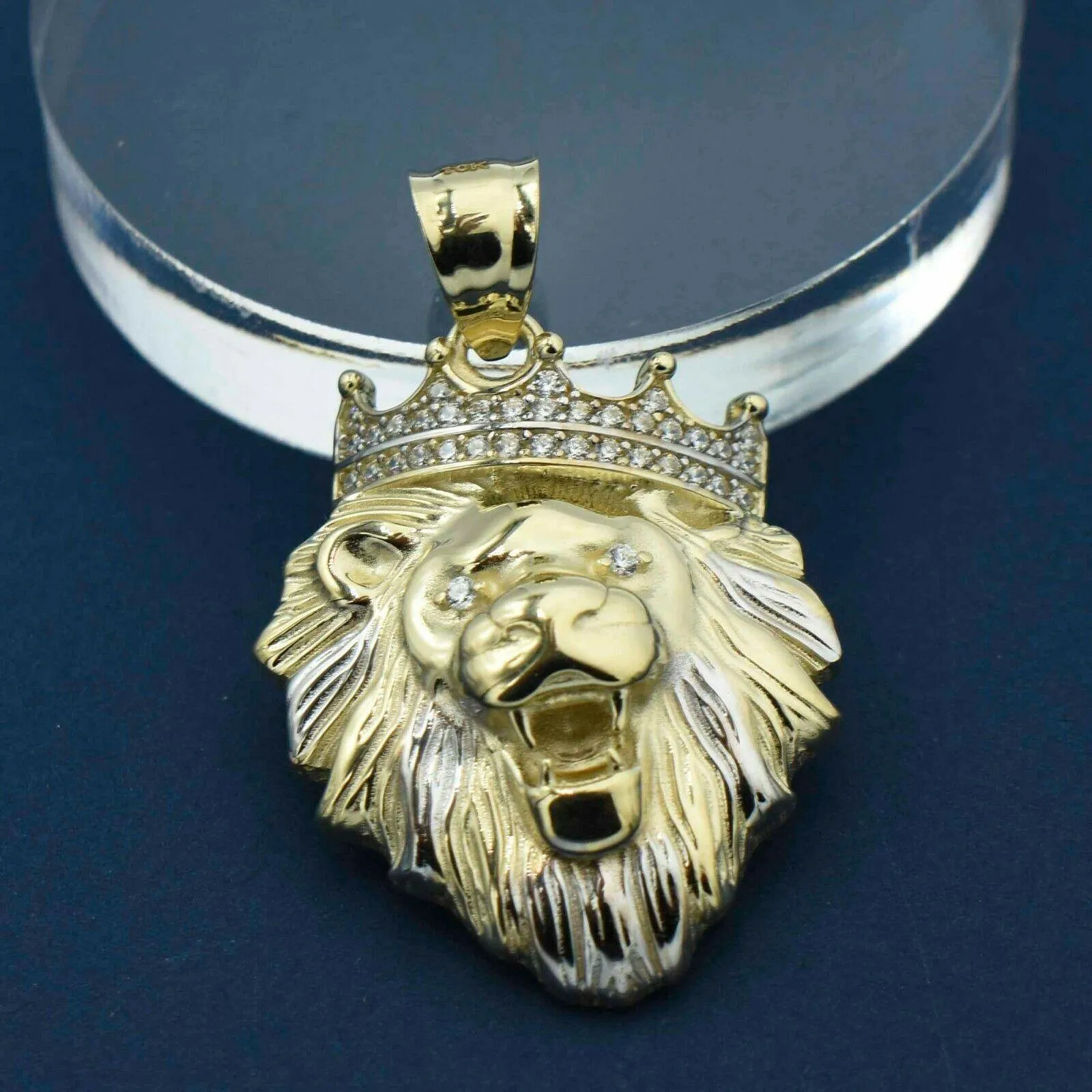 1 1/2" CZ Two-Tone Roaring Lion Pendant 10K Yellow Gold