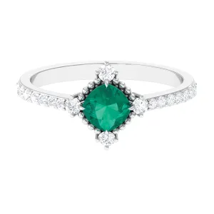 1 CT Antique Style Emerald and Diamond Engagement Ring