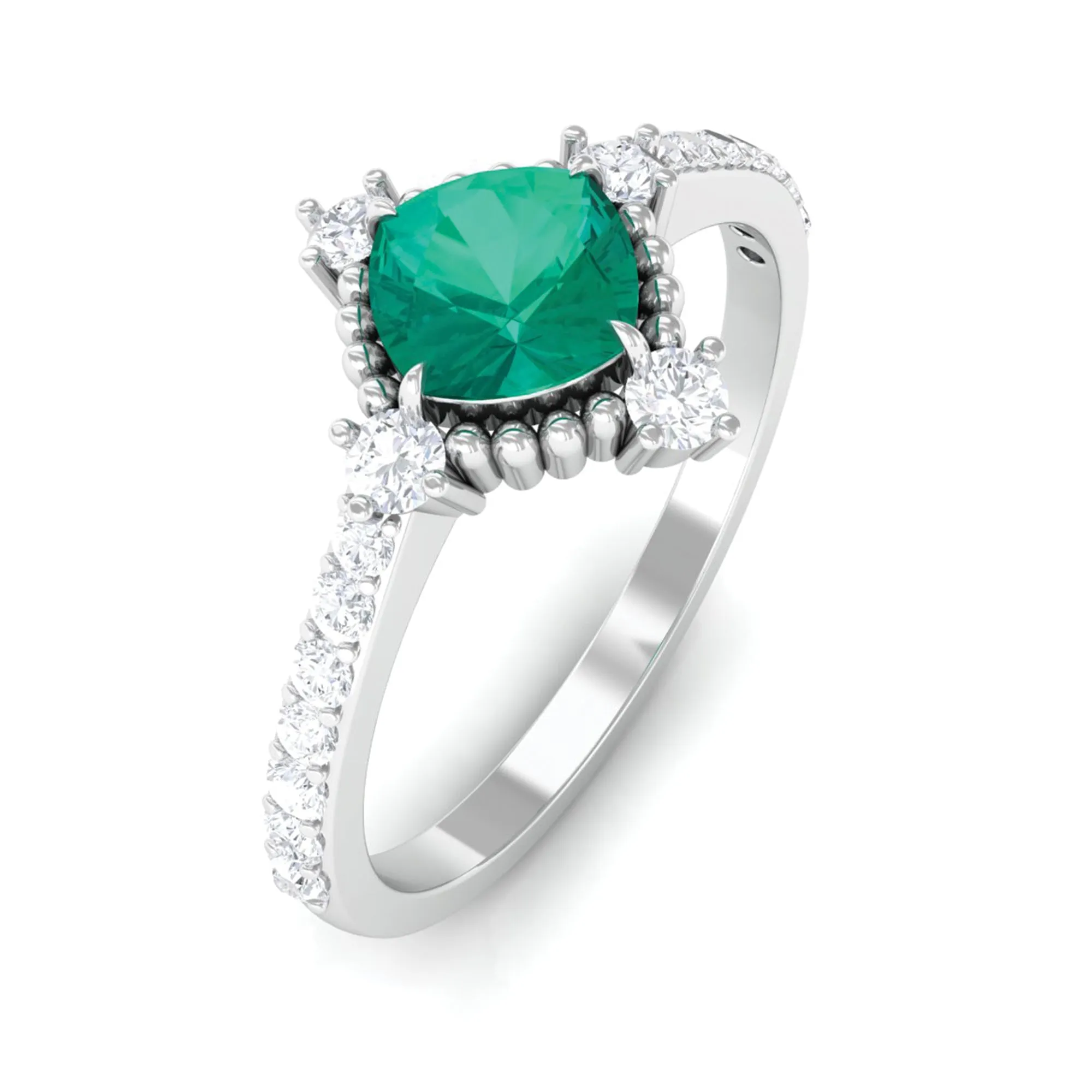 1 CT Antique Style Emerald and Diamond Engagement Ring