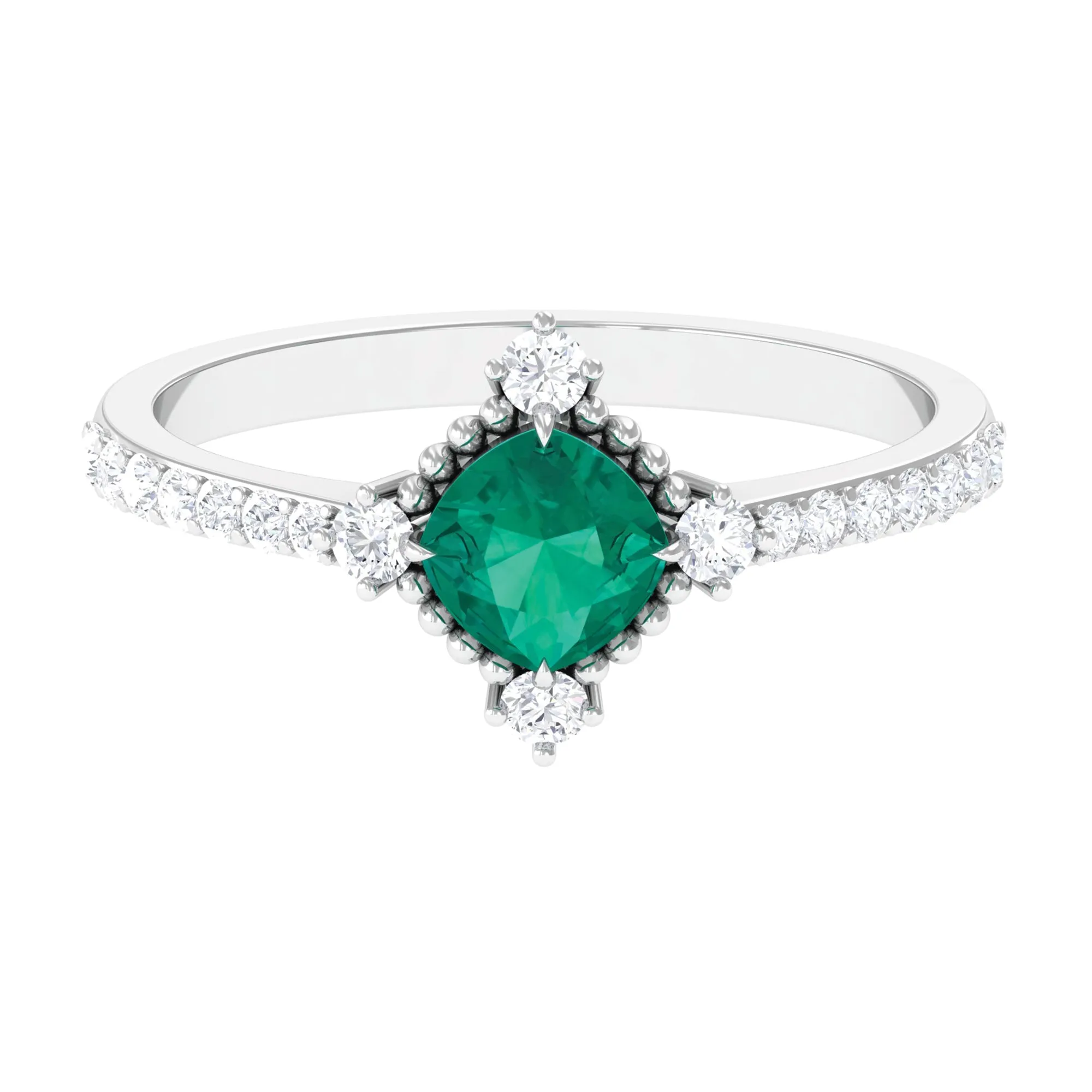 1 CT Antique Style Emerald and Diamond Engagement Ring