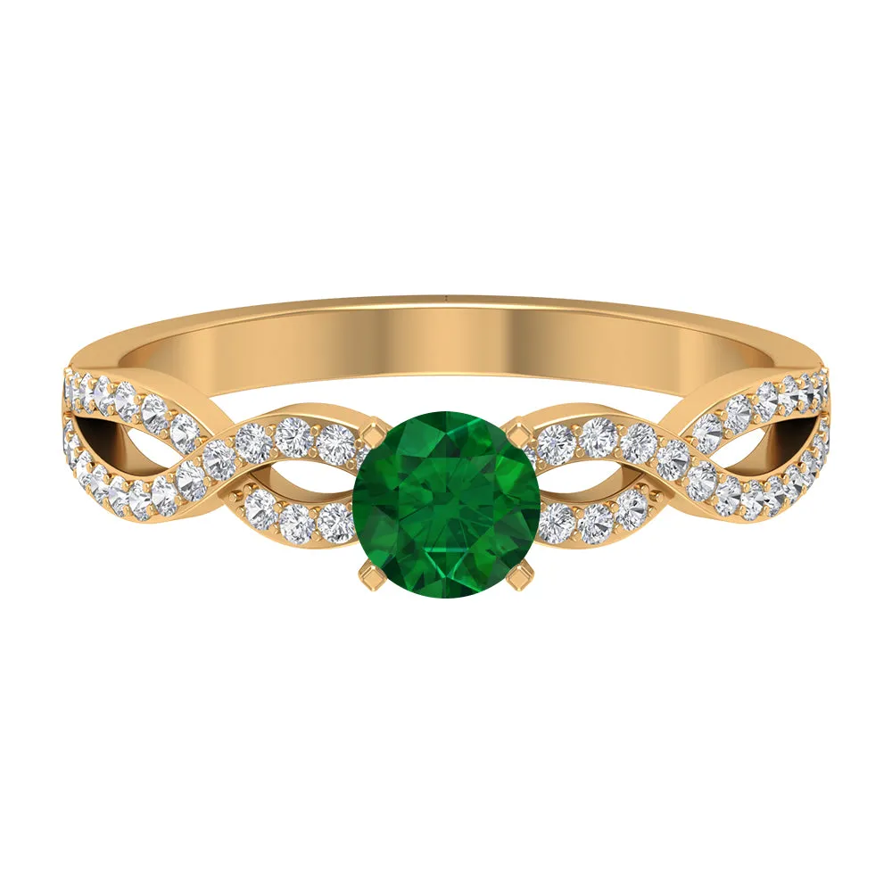 1 CT Created Emerald and Diamond Crossover Engagement Ring