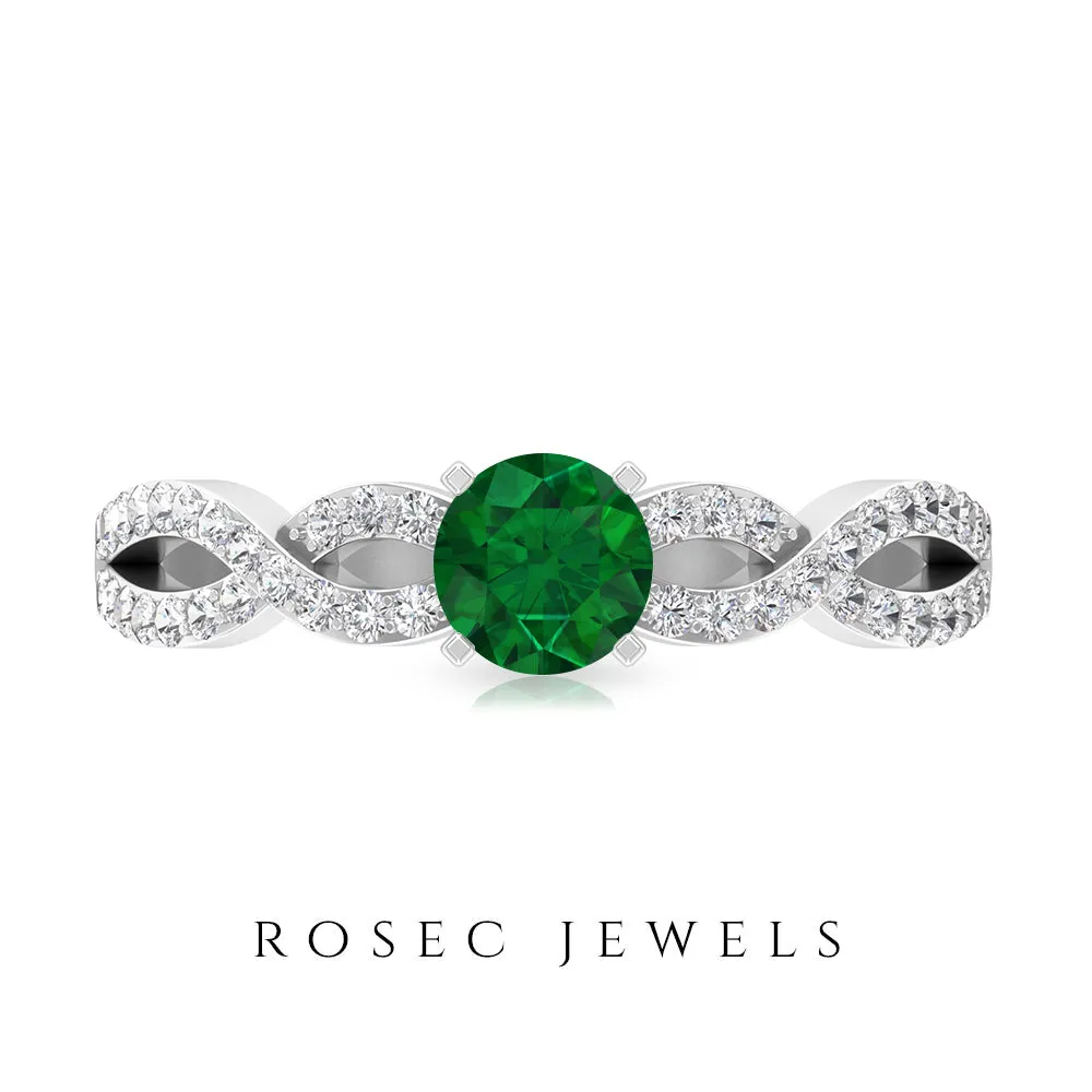 1 CT Created Emerald and Diamond Crossover Engagement Ring