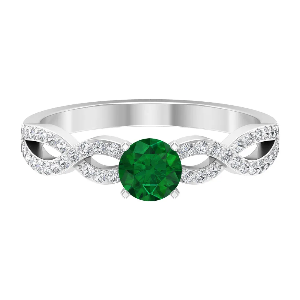 1 CT Created Emerald and Diamond Crossover Engagement Ring