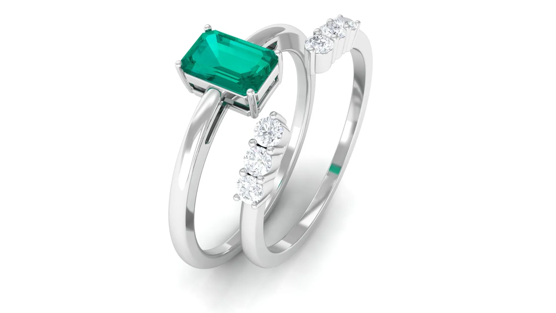 1 CT Octagon shape Emerald and Diamond Stackable Ring Set