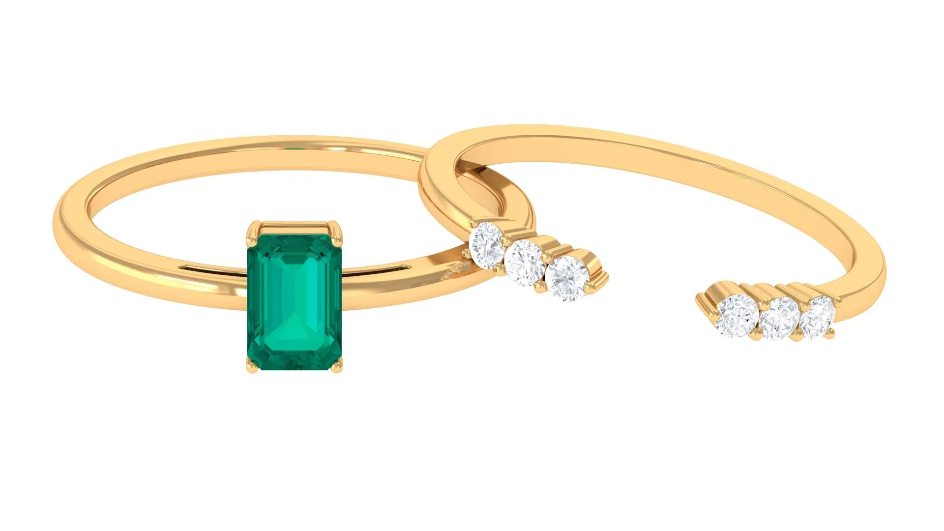 1 CT Octagon shape Emerald and Diamond Stackable Ring Set