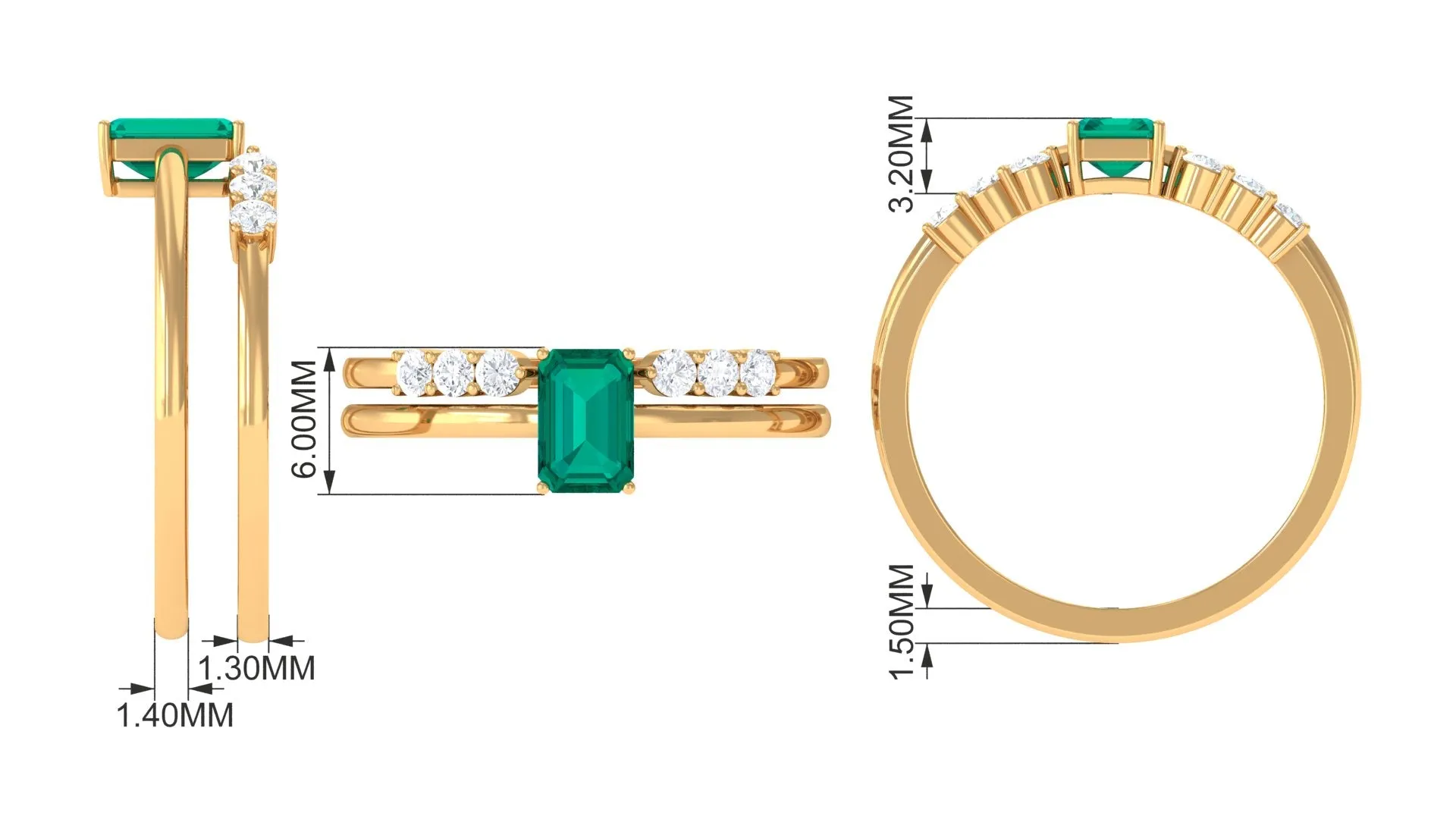 1 CT Octagon shape Emerald and Diamond Stackable Ring Set