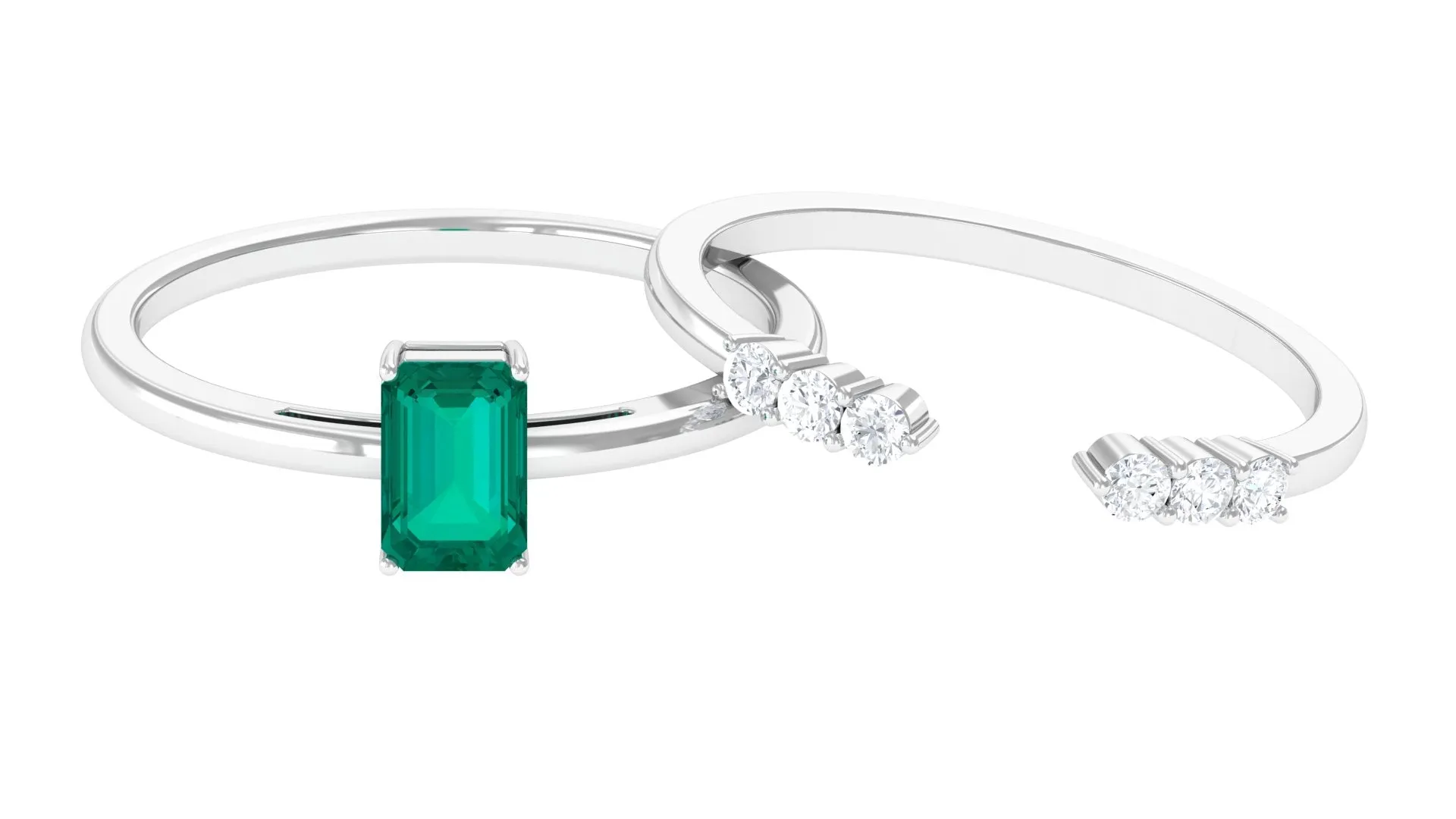 1 CT Octagon shape Emerald and Diamond Stackable Ring Set