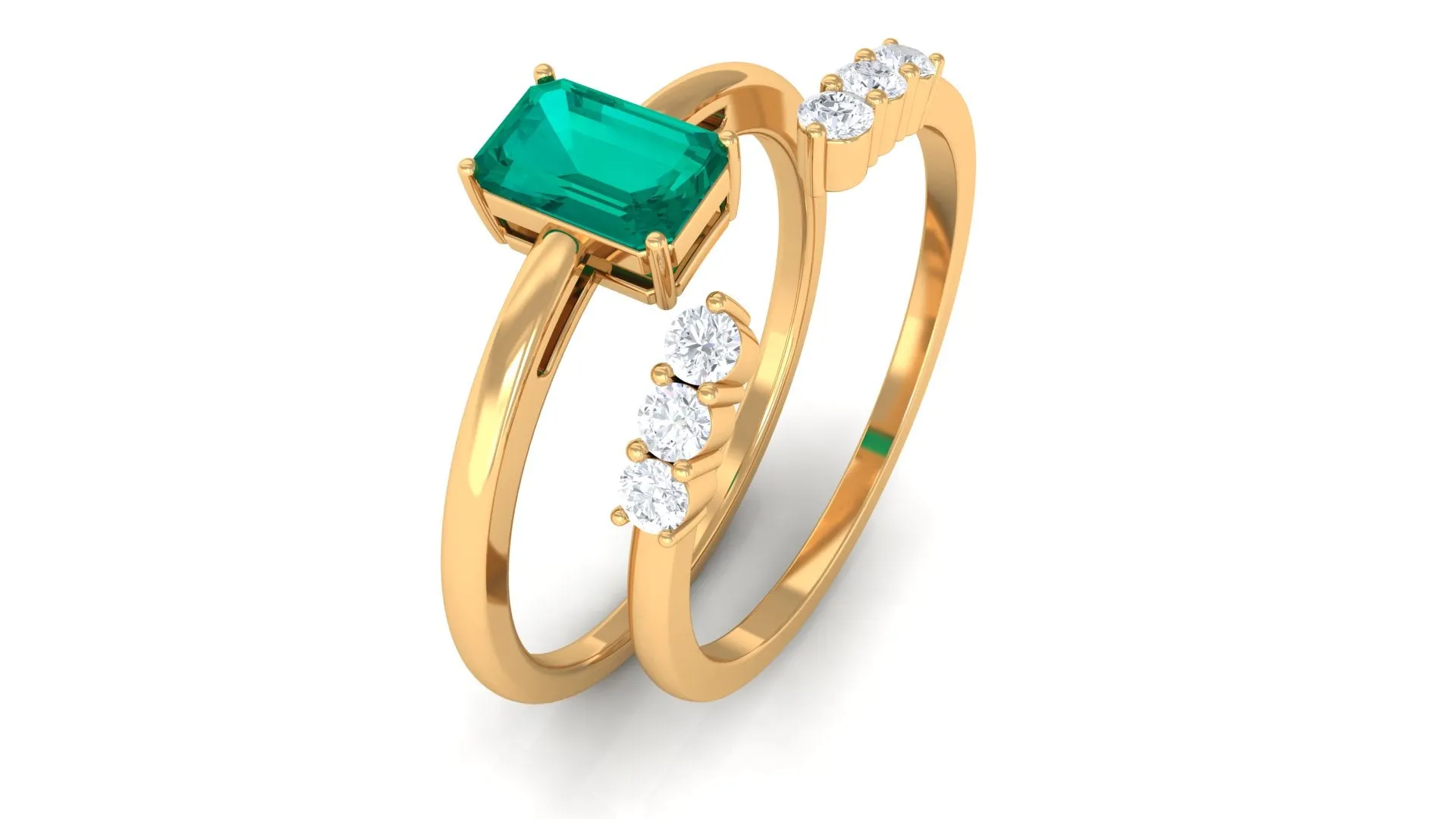 1 CT Octagon shape Emerald and Diamond Stackable Ring Set