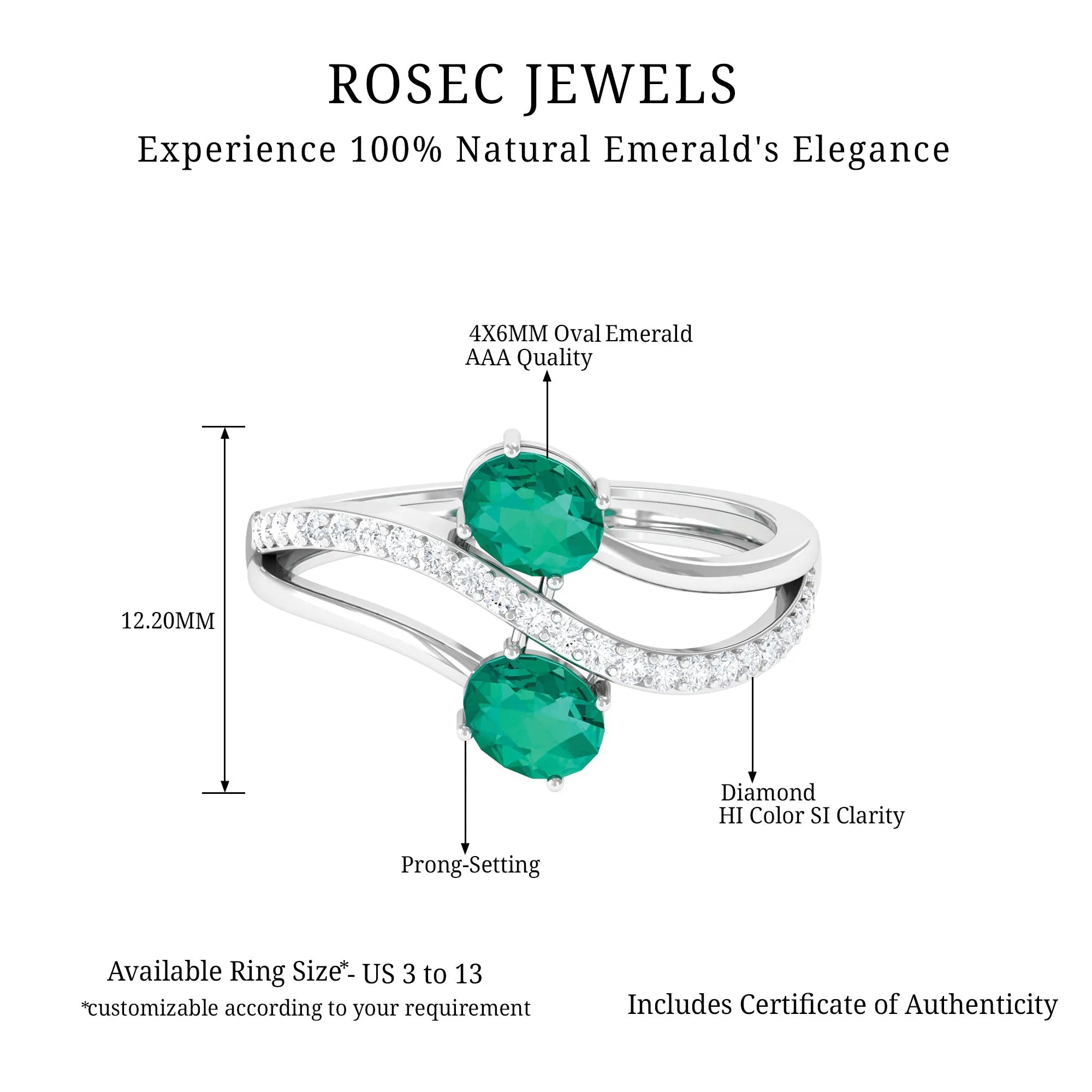 1 CT Two Stone Bypass Emerald Engagement Ring with Diamond