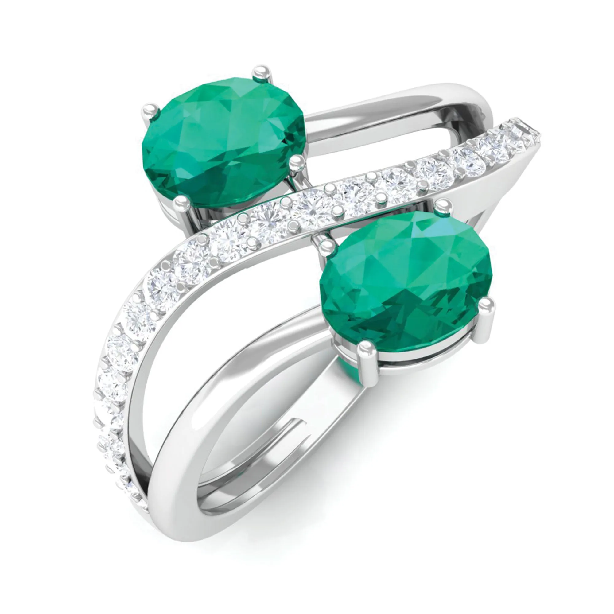 1 CT Two Stone Bypass Emerald Engagement Ring with Diamond