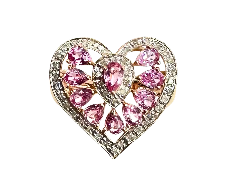 10k Rose Gold Heart Shaped Diamond Halo Ring with Pink Sapphires