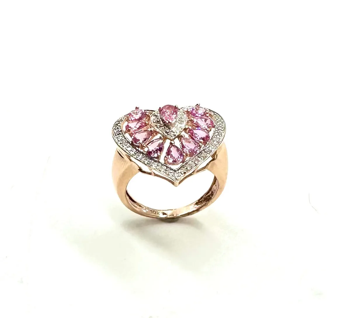 10k Rose Gold Heart Shaped Diamond Halo Ring with Pink Sapphires