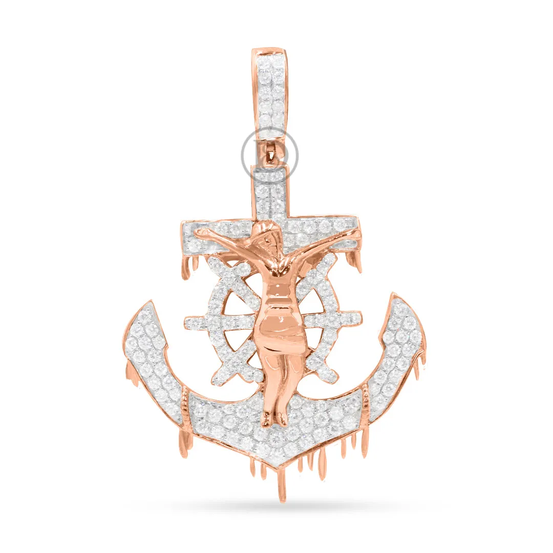 10K Yellow Gold Anchor Jesus Pendant 4.00CT Diamonds