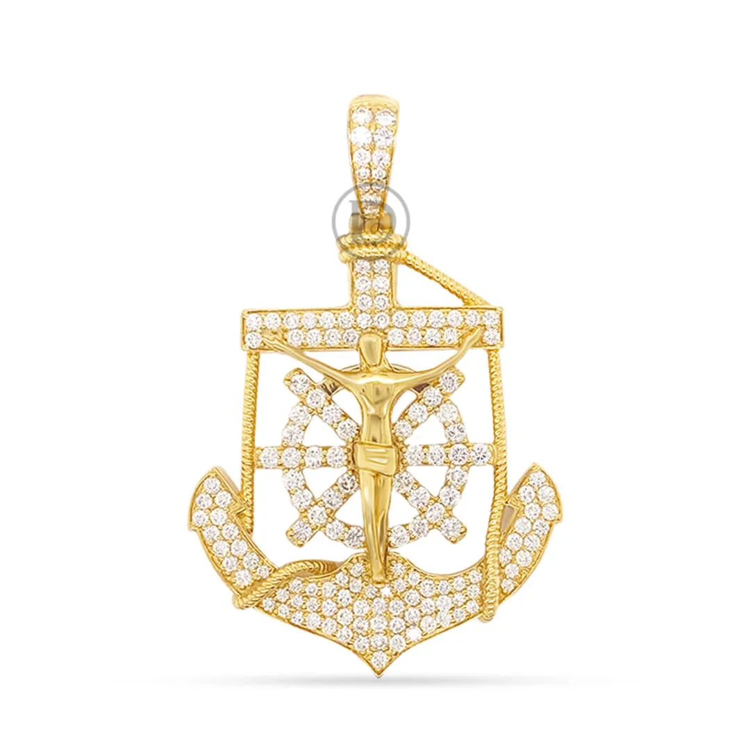 10K Yellow Gold Anchor Jesus Pendant With 1.75CT Diamonds