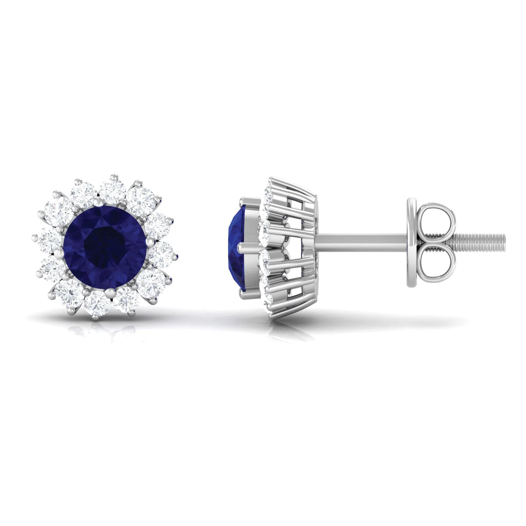 1.25 CT Blue Sapphire Stud Earrings with Diamond Halo