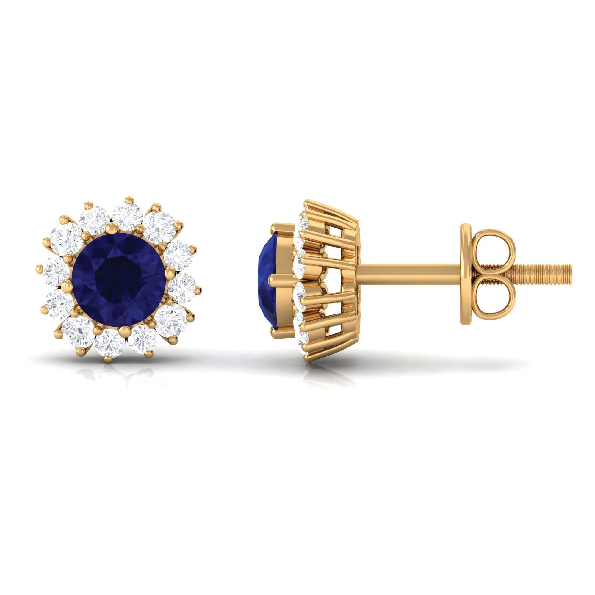 1.25 CT Blue Sapphire Stud Earrings with Diamond Halo