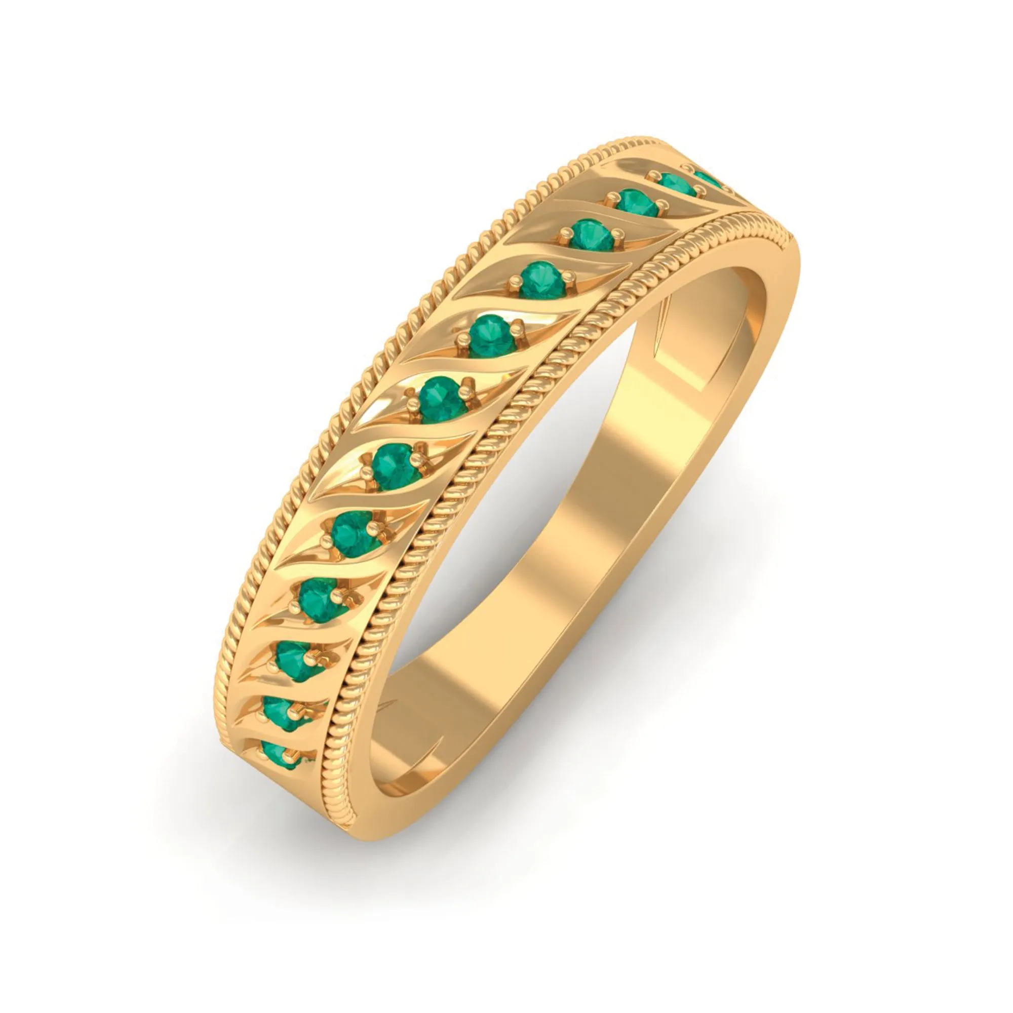 1/4 CT Emerald Designer Wedding Band Ring with Twisted Rope Details