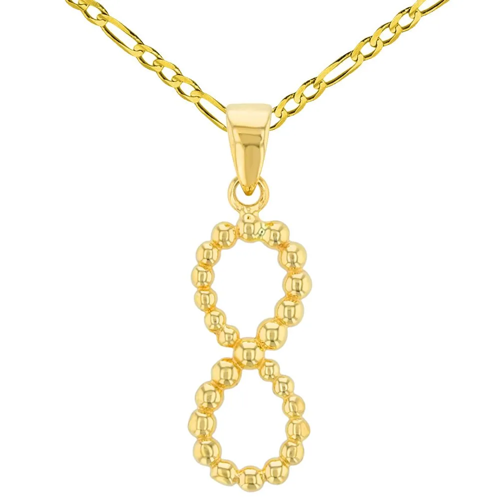 14K Gold Beaded Vertical Infinity Pendant with Figaro Chain Necklace - Yellow Gold