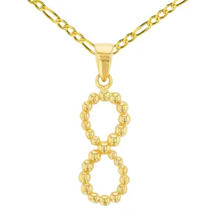 14K Gold Beaded Vertical Infinity Pendant with Figaro Chain Necklace - Yellow Gold