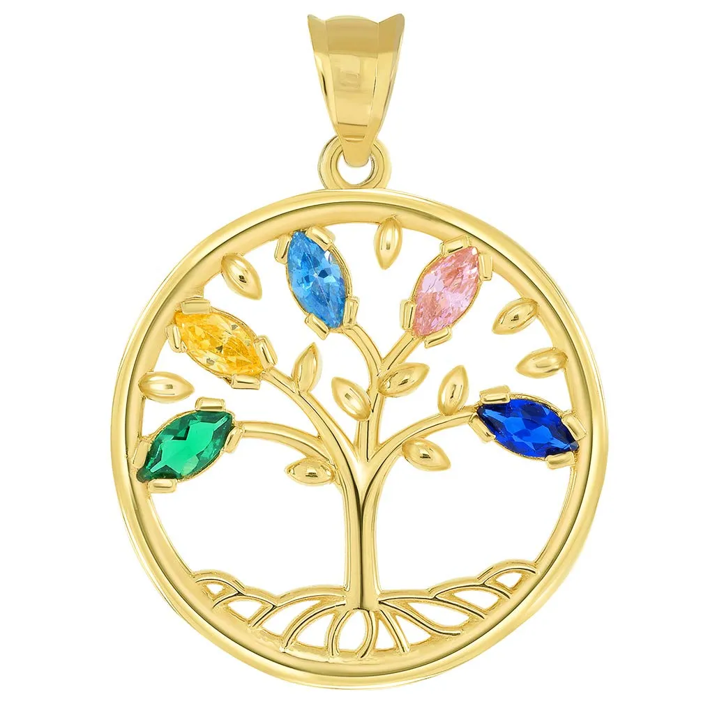 14k Gold Cubic Zirconia Round Elegant Tree of Life Medallion Pendant Figaro Chain Necklace - Yellow Gold