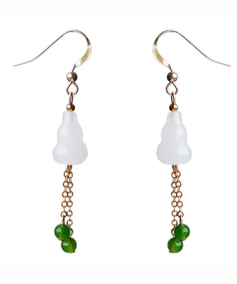 14K Gold Jade Gourd Gem Stone Tassel Drop Earrings