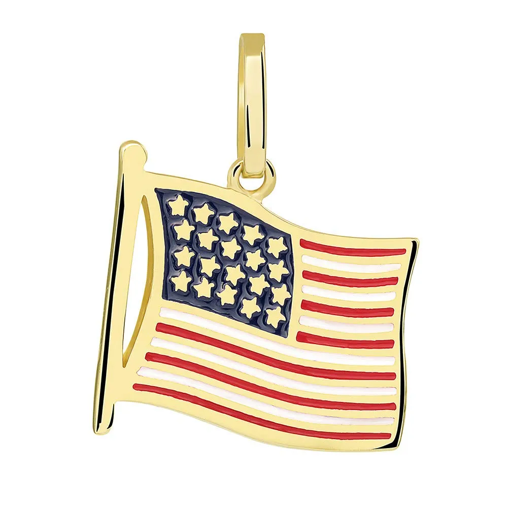 14k Gold National Flag of the United States of America Pendant with Figaro Necklace - Yellow Gold