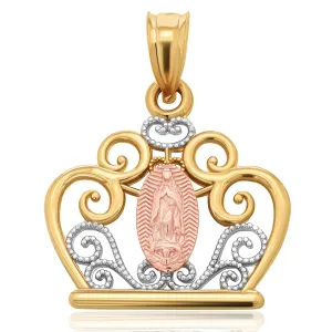 14k Gold Our Lady of Guadalupe Filigree Crown Pendant - Yellow Gold and Rose Gold