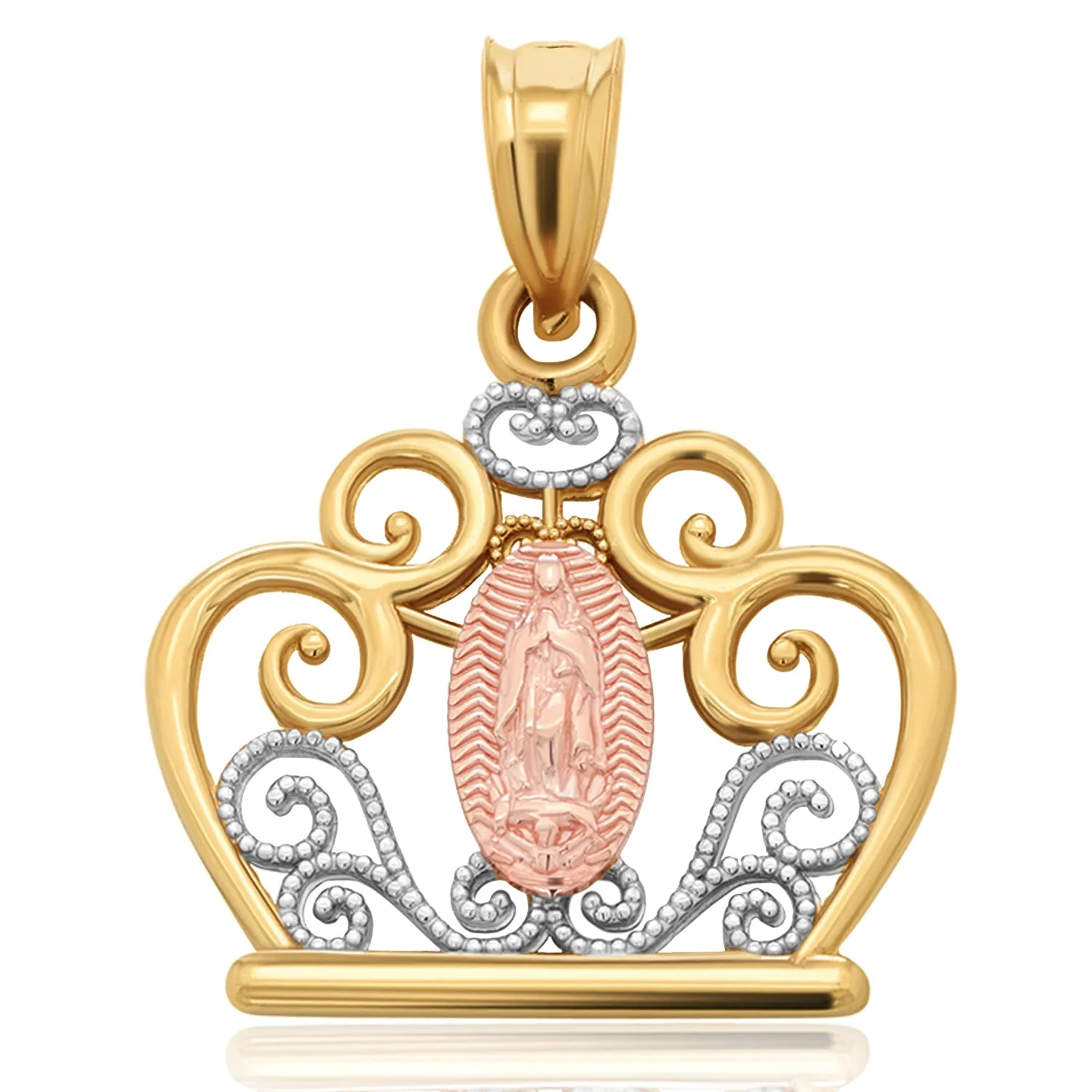 14k Gold Our Lady of Guadalupe Filigree Crown Pendant - Yellow Gold and Rose Gold