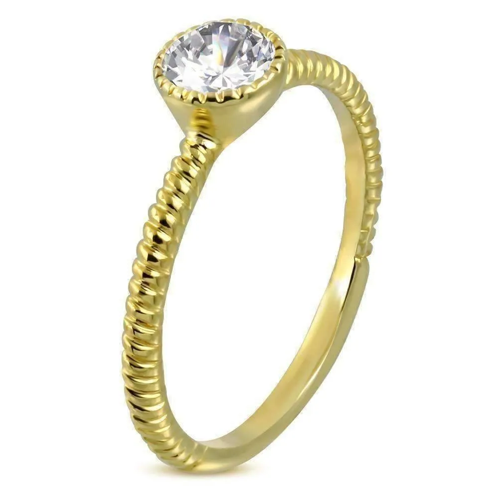 14K Gold Plated Fairy Tale Twisted Rope Bezel Set IOBI Crystals Solitaire Ring for Woman