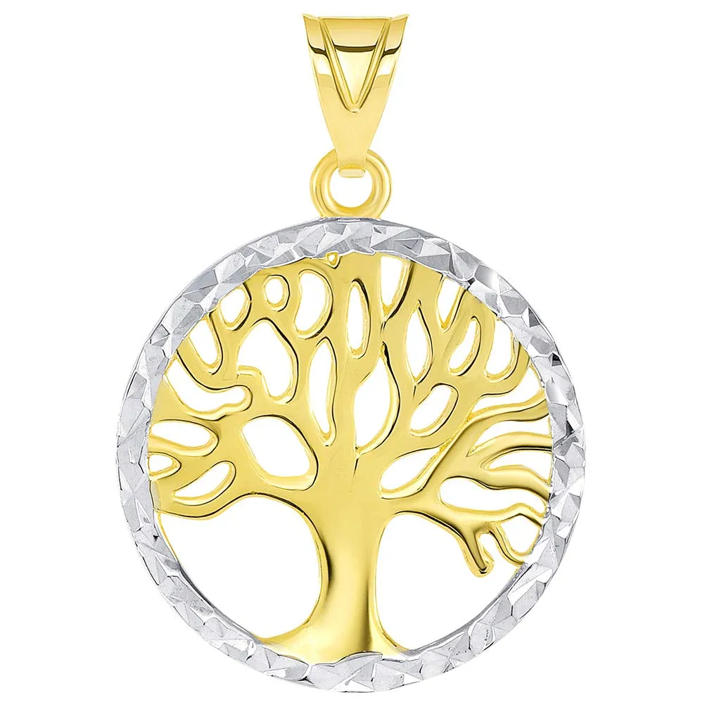 14k Gold Textured Round Two Tone Tree of Life Medal Pendant with Curb Chain Necklace - Yellow Gold