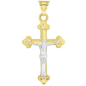 14k Solid Yellow Gold Christian Trefoil Cross Two Tone Crucifix Pendant