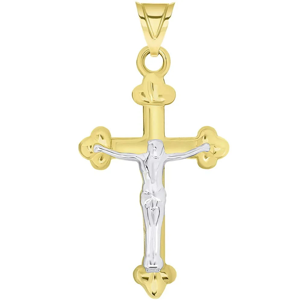 14k Solid Yellow Gold Christian Trefoil Cross Two Tone Crucifix Pendant