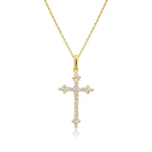 14K Solid Yellow Gold CZ Cross Pendant, With 18" Cable Chain Necklace