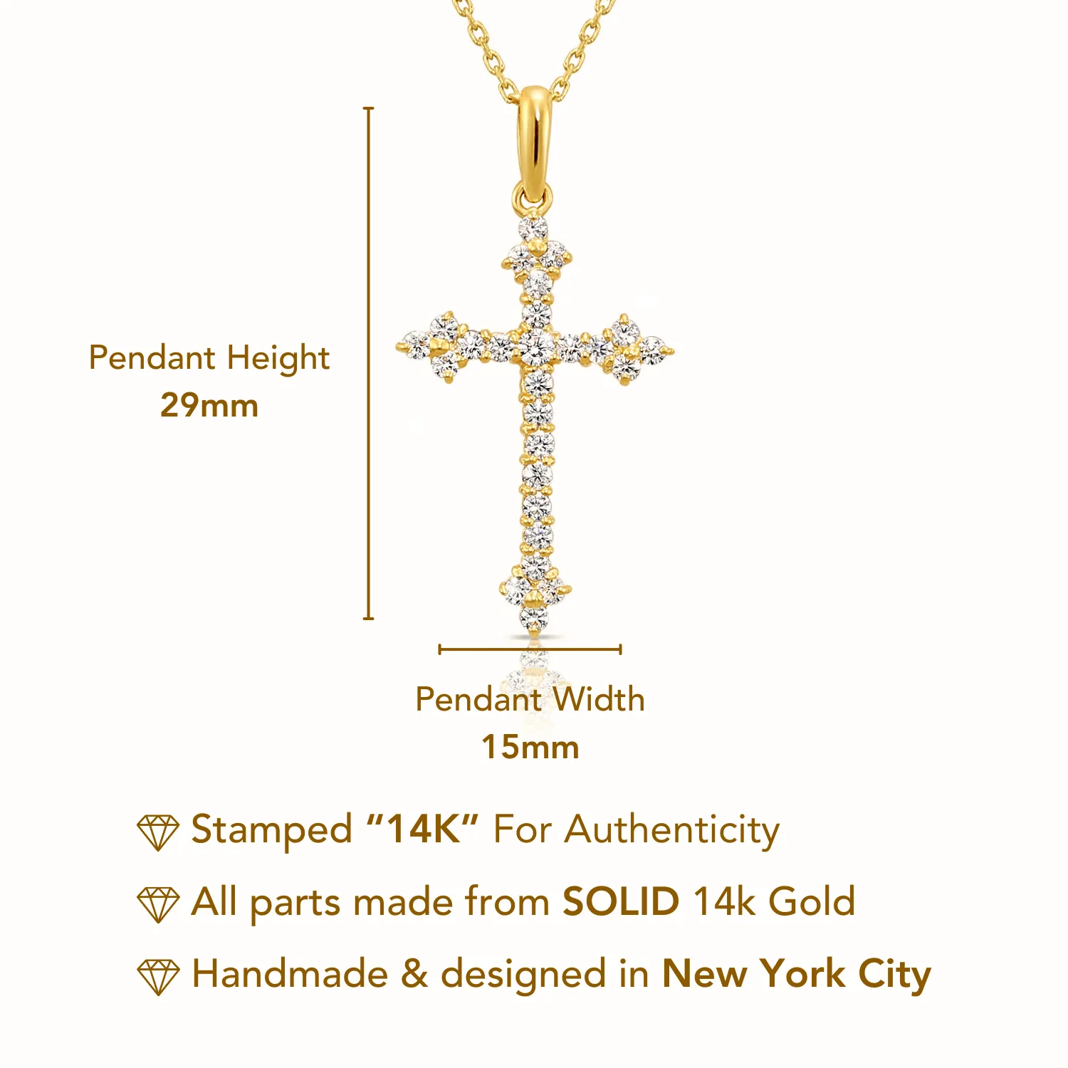 14K Solid Yellow Gold CZ Cross Pendant, With 18" Cable Chain Necklace