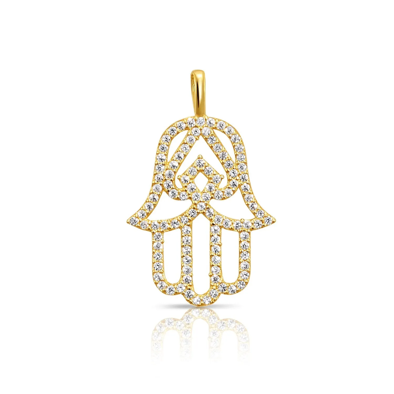 14K Solid Yellow Gold CZ Hamsa Pendant, With 18" Cable Chain Necklace