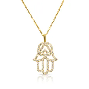 14K Solid Yellow Gold CZ Hamsa Pendant, With 18" Cable Chain Necklace