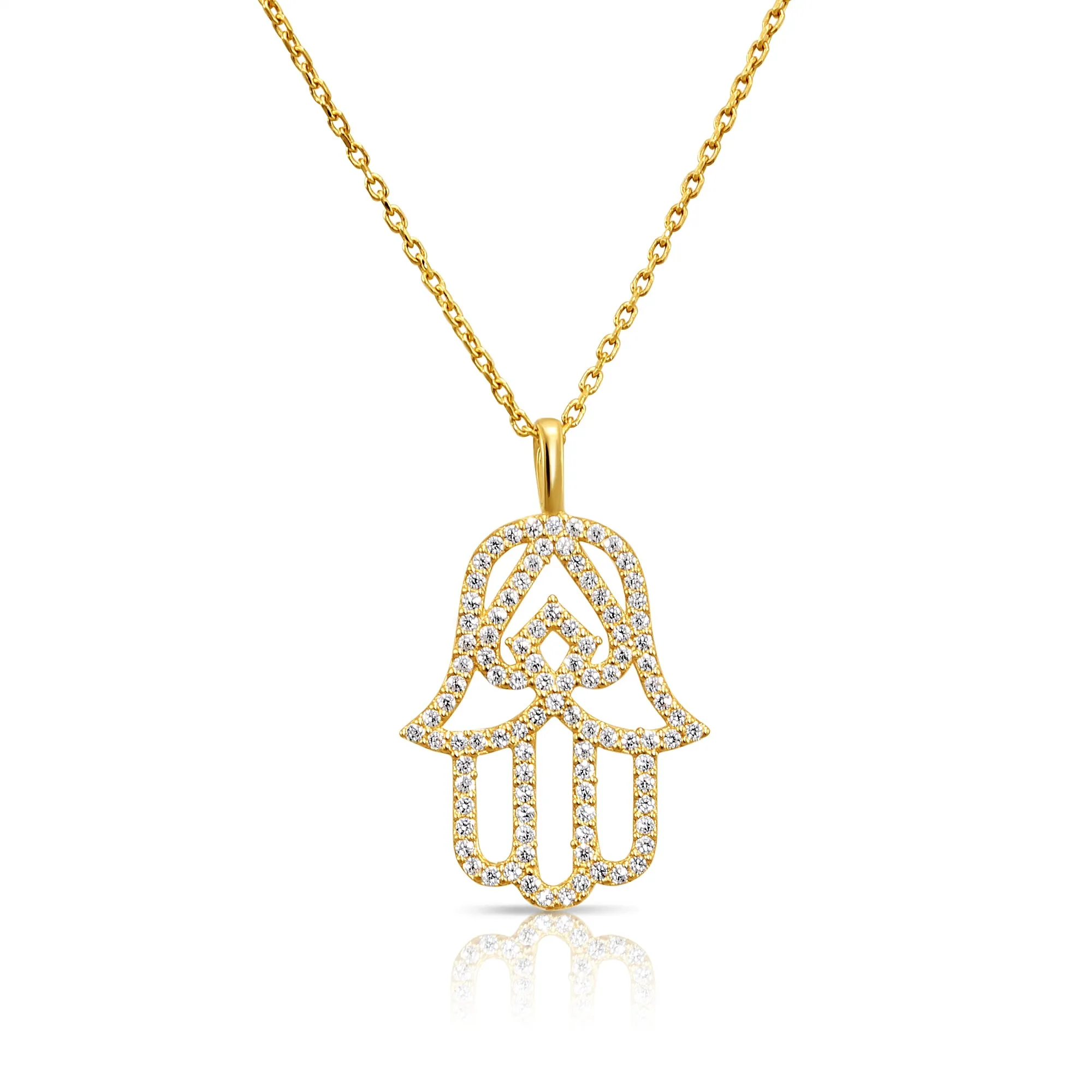 14K Solid Yellow Gold CZ Hamsa Pendant, With 18" Cable Chain Necklace