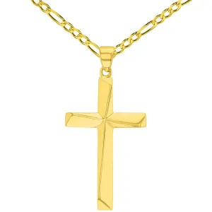 14K Solid Yellow Gold Elegant Religious Plain Cross Pendant with Figaro Chain Necklace