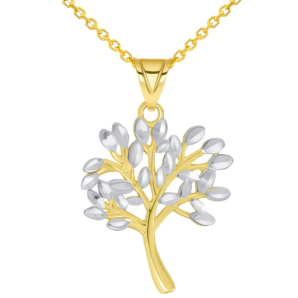 14k Solid Yellow Gold Textured Two Tone Tree of Life Pendant Necklace Available with Cable Chain