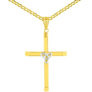 14K Two Tone Gold Plain Celtic Trinity Cross with Triquetra Symbol Pendant Cuban Concave Chain Necklace