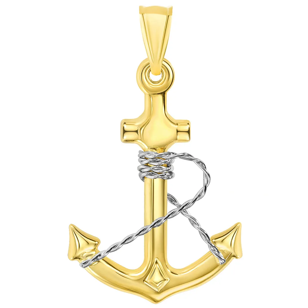 14K Two-Tone Gold Polished Navy Anchor with Rope Charm Nautical Pendant Necklace