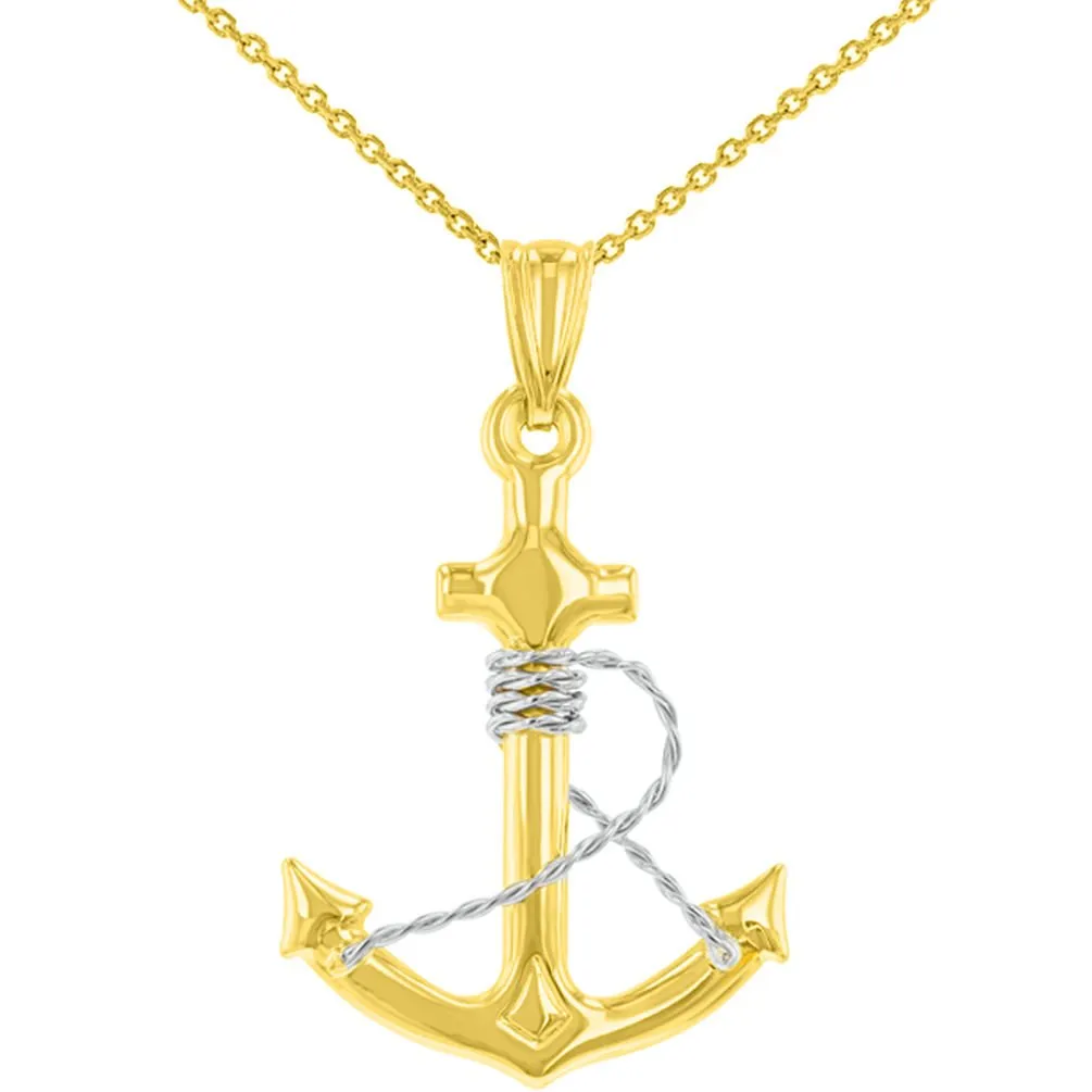 14K Two-Tone Gold Polished Navy Anchor with Rope Charm Nautical Pendant Necklace