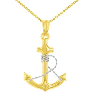 14K Two-Tone Gold Polished Navy Anchor with Rope Charm Nautical Pendant Necklace