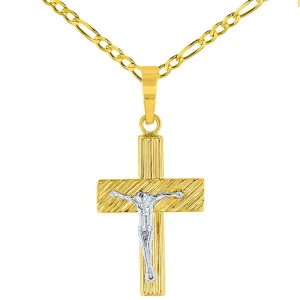 14K Two-Tone Gold Rugged Edged Cross Crucifix Pendant with Figaro Chain Necklace