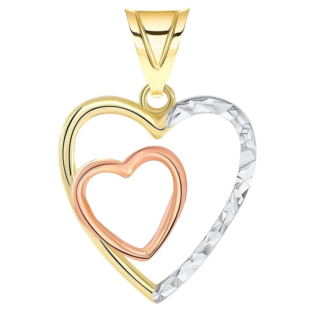 14k Yellow and Rose Gold Textured Tri-Tone Double Open Heart Pendant with Figaro Chain Necklace