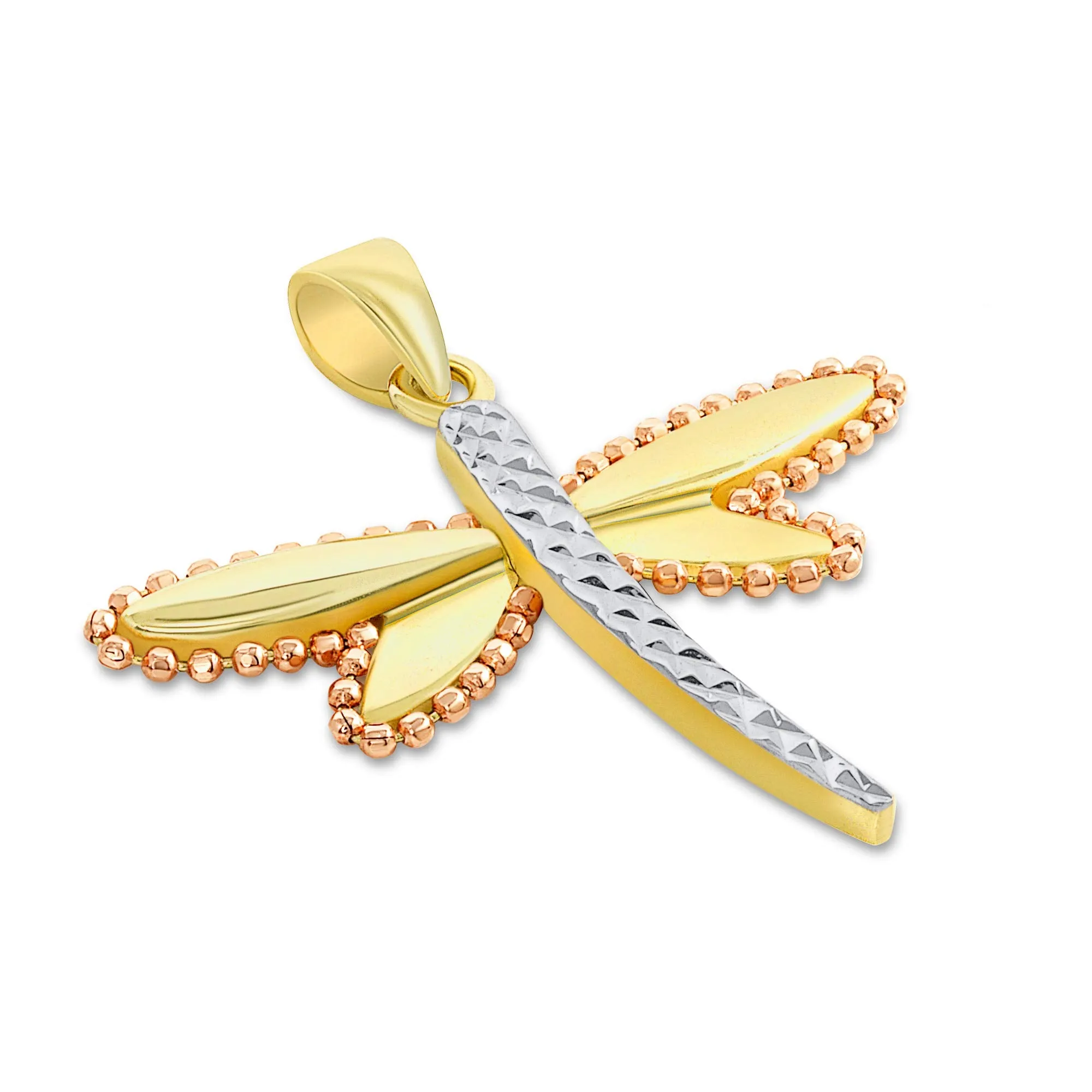 14k Yellow Gold and Rose Gold Beaded Dragonfly Tri-Tone Pendant with Cuban Curb Chain Necklace