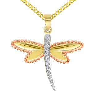 14k Yellow Gold and Rose Gold Beaded Dragonfly Tri-Tone Pendant with Cuban Curb Chain Necklace