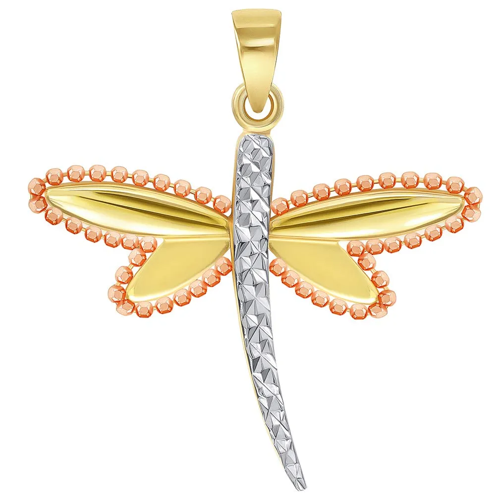 14k Yellow Gold and Rose Gold Beaded Dragonfly Tri-Tone Pendant with Cuban Curb Chain Necklace