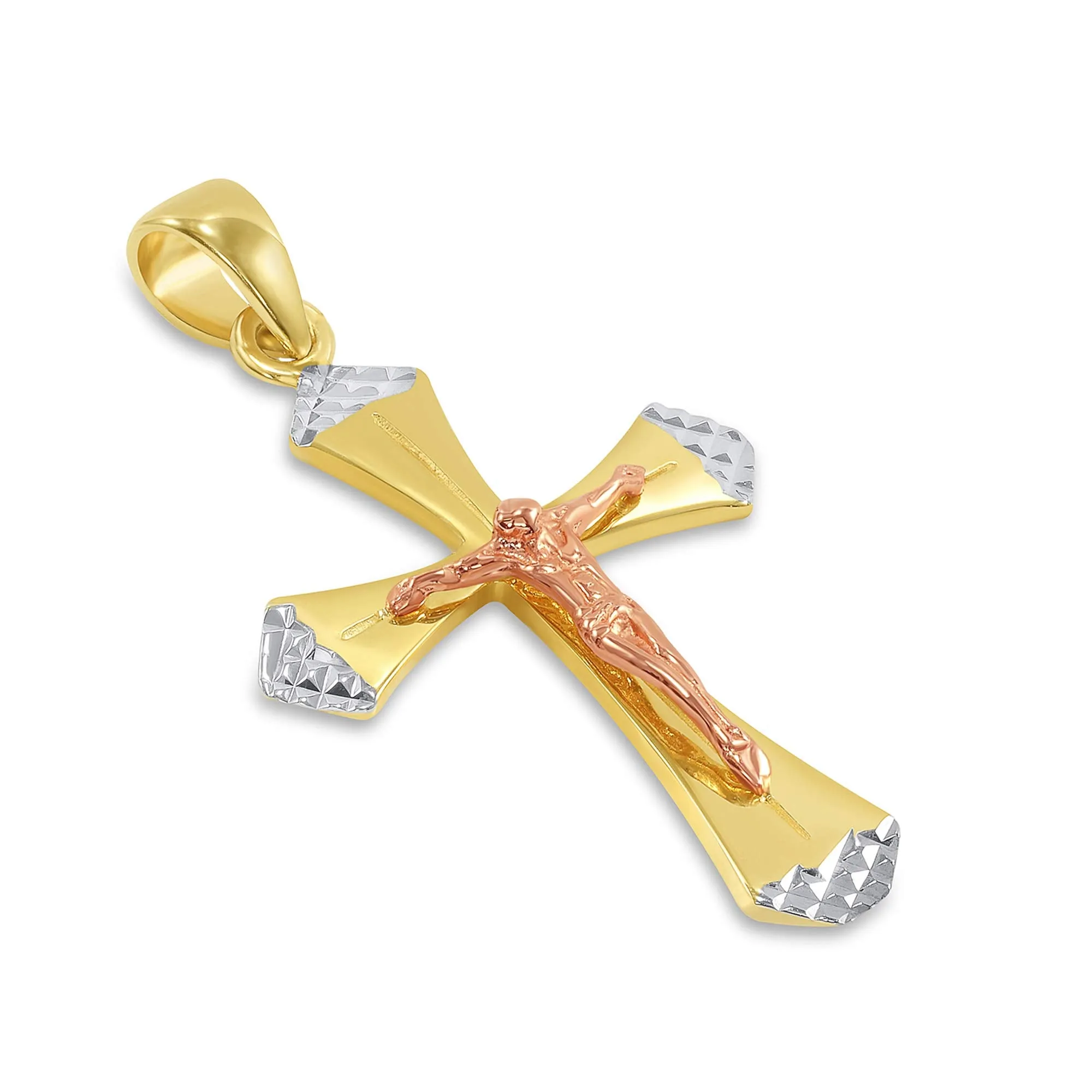 14k Yellow Gold and Rose Gold Textured Tri-Tone Religious Cross Jesus Crucifix Pendant with Figaro Chain Necklace